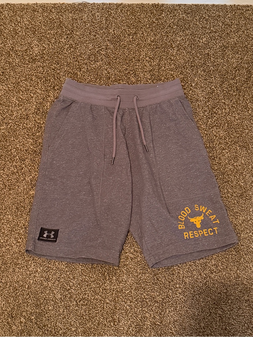 Under Armour Men’s Gray Athletic Shorts with Yellow Graphic